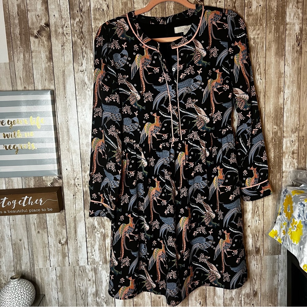 LOFT Black Long Sleeve Dressโ with Multicolor Bird Print